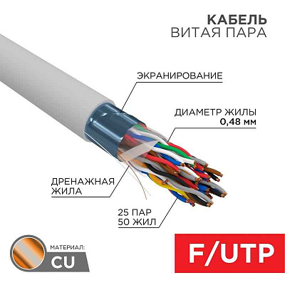 витая пара F/UTP, CAT 5е, ZH нг(A)-HF (LSZH), 25PR, 24AWG, INDOOR, SOLID, серый, 305м, РФ REXANT | 01-1206-R | REXANT