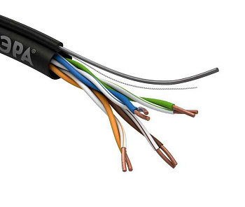 Кабель витая пара U/UTP кат.5E 4x2x24AWG solid CU PE OUTDOOR трос черн. (уп.305м) Эра Б0044432