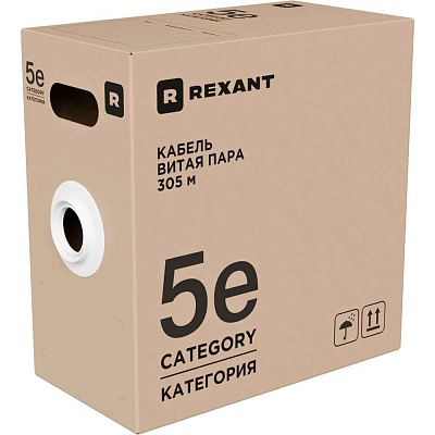 витая пара U/UTP, CAT 5e, PVC, 2PR, 24AWG, INDOOR, SOLID, серый, 305м REXANT