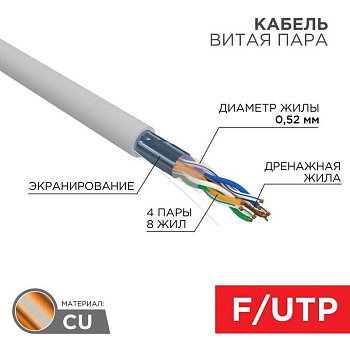 Кабель витая пара, F/UTP, CAT 5e, ZH нг(A)-HF, 4x2x0,52мм, 24AWG, INDOOR, SOLID, серый, 305м REXANT PRO | 02-0021 | REXANT