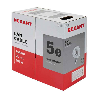 витая пара U/UTP 4x2x24AWG кат.5E solid CU PVC сер. (м) Rexant 01-0043