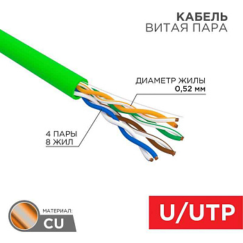 Кабель витая пара U/UTP, CAT 5e, нг(A)-LSLTx, 4x2x0,52мм, 24AWG, INDOOR, SOLID, зеленый, 305м | 01-0061 | REXANT