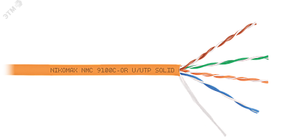 U/UTP 4 пары кат.5e (класс D) тест по ISO/IEC 100МГц одножильный BC (чистая медь) 24AWG (0.49мм) внутр. LSZH нг(A)-HFLTx оран. (уп.305м) NIKOLAN NKL 2100C-OR