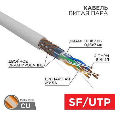 витая пара SFTP 4PR 24AWG, CAT5e, STRANDED, бухта 305 м | 01-0343 | REXANT