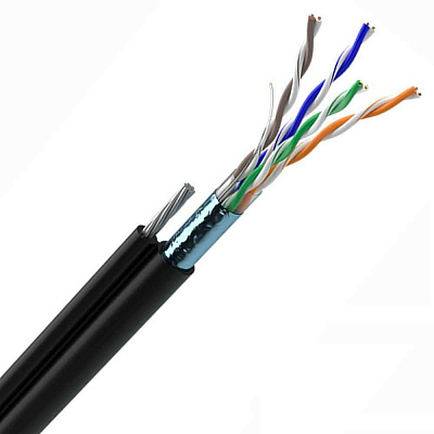 витая пара F/UTP, CAT 5e, PE, 4PR, 24AWG, OUTDOOR, SOLID, черный, с тросом, 305м, REXANT