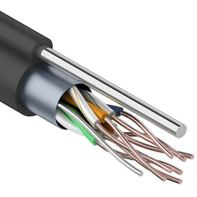 витая пара F/UTP, CAT 5e, PE, 4PR, 24AWG, OUTDOOR, SOLID, черный, с тросом, 305м, REXANT