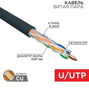 Кабель витая пара U/UTP, CAT 6, PE, 4PR, 23AWG, OUTDOOR, SOLID, черный, 305м REXANT | 01-0058 | REXANT