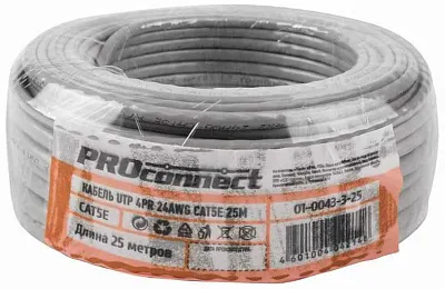 витая пара омедненный, U/UTP, CCA, CAT 5e, PVC, 4PR, 24AWG, INDOOR, SOLID, серый, 25м PROconnect