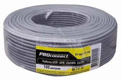 витая пара омедненный, U/UTP, CCA, CAT 5e, PVC, 4PR, 24AWG, INDOOR, SOLID, серый, 100м PROconnect